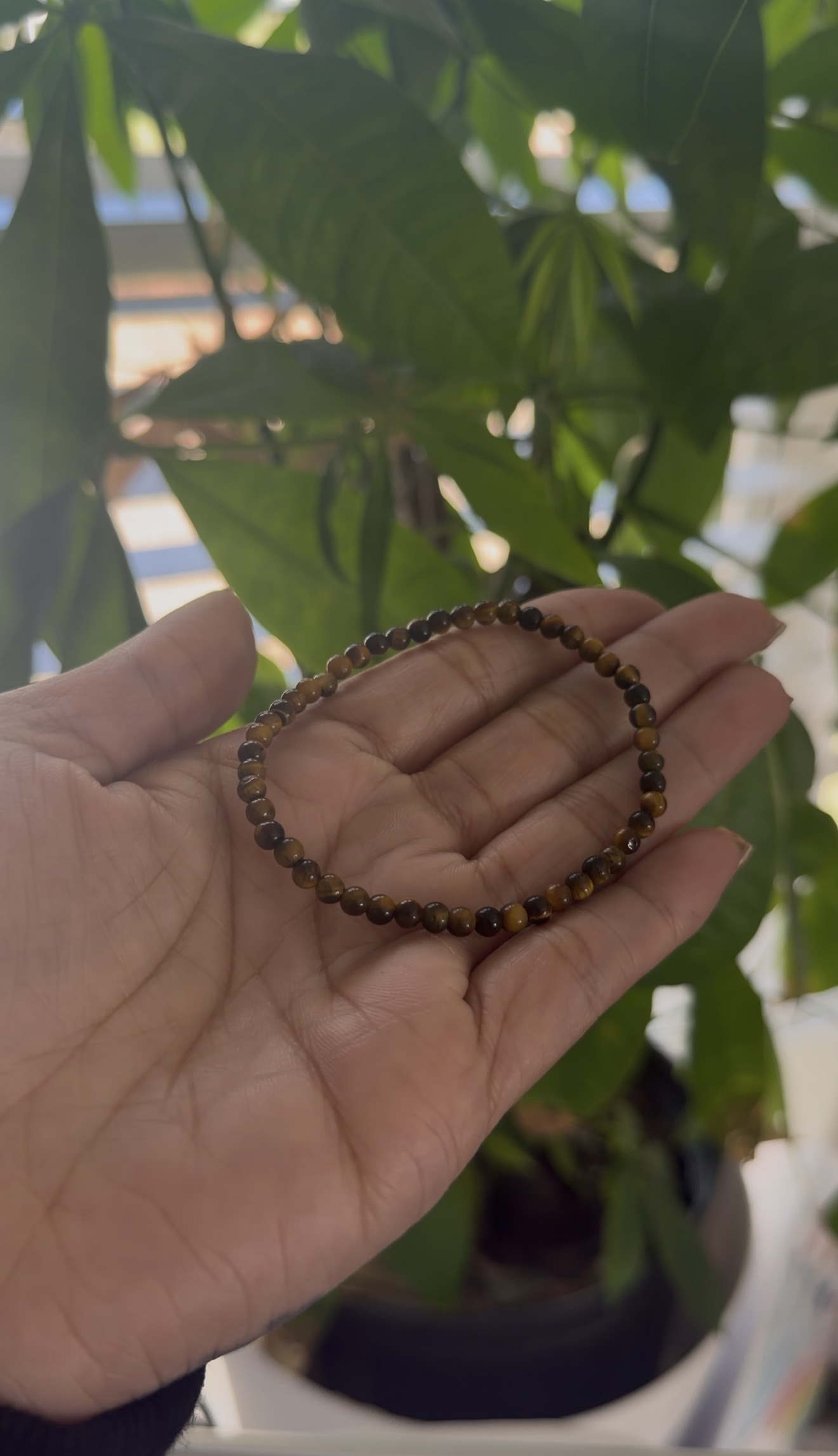 Hand holding a beaded bracelet with a blurred green plant background