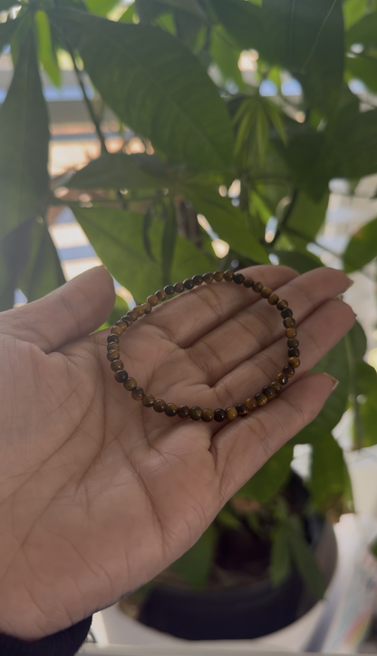 Hand holding a beaded bracelet with a blurred green plant background